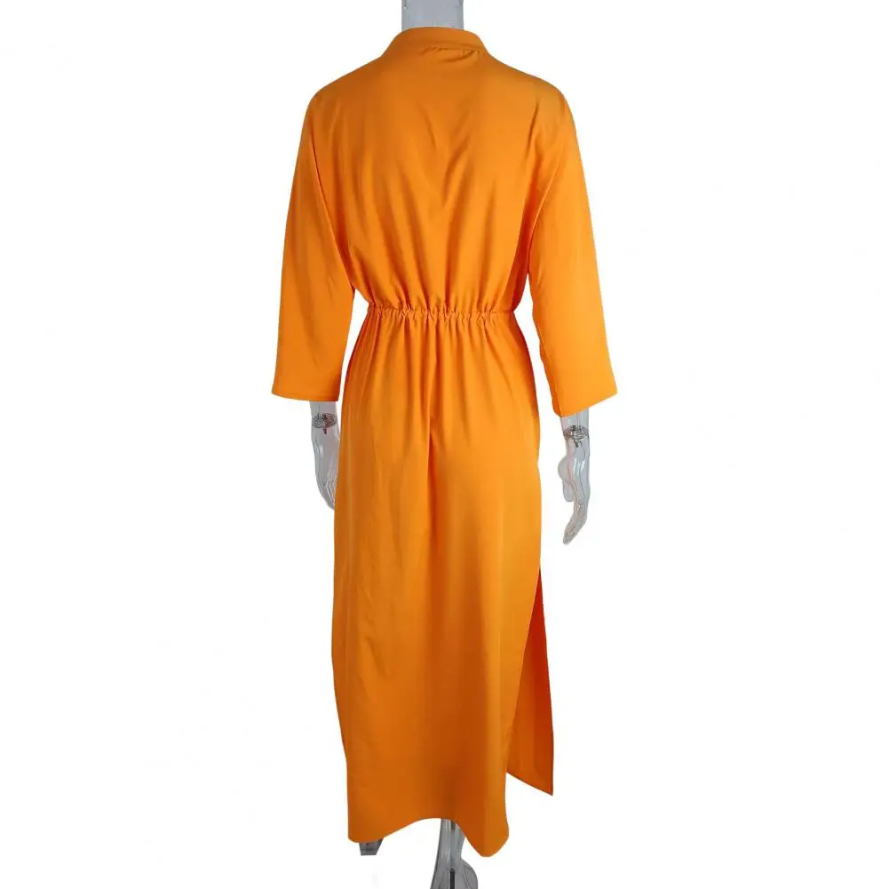 

Auutmn Long Dress Elegant V Neck Maxi Dress with Drawstring Waist Side Split for Wear Commuting Dating Summer Fall Lightweight