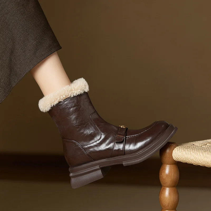 

British style round toe thick soled suede short boots 2026 Spring and Autumn cowhide wool thick soled warm short boots