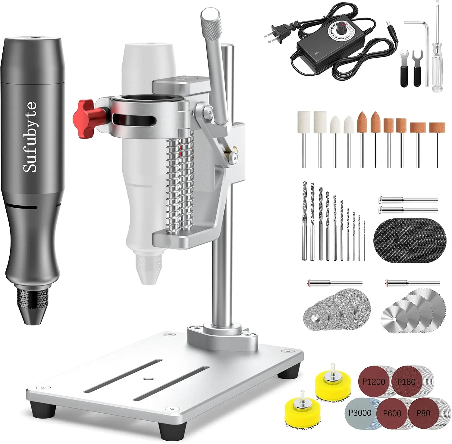 Mini Rotary Tool whit Drill Press - Rotary Tool Workstation Stand - Mini Portable Press & Holder, 3-24V Regulated Power with 98
