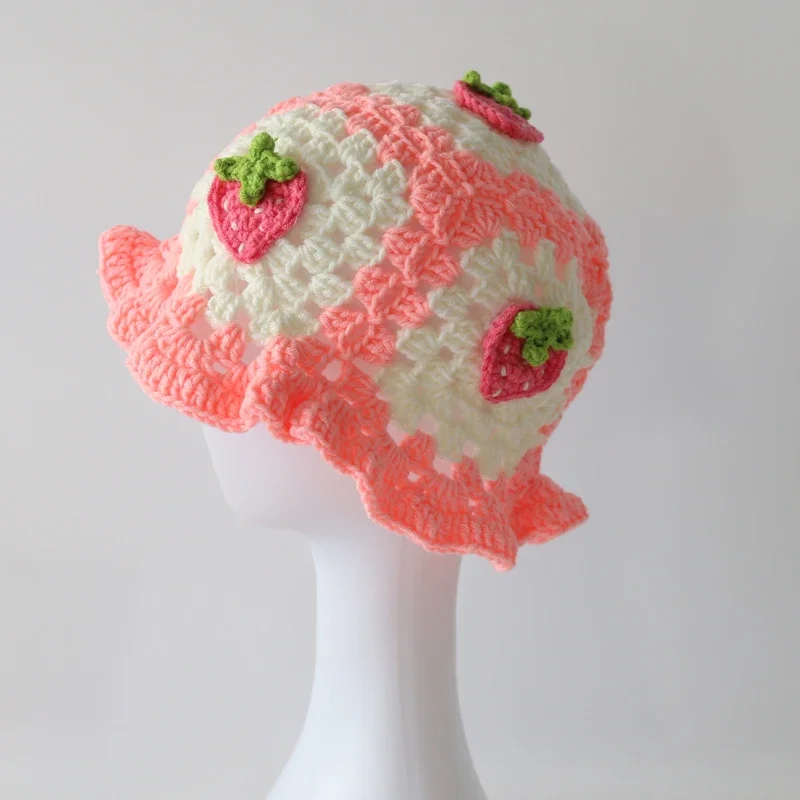 2023New Strawberry knitted Y2k Crochet Hollow Flower Bucket Hat Women Cotton Handmade Girl Autumn Sweet Cute Basin Hat Wholesale