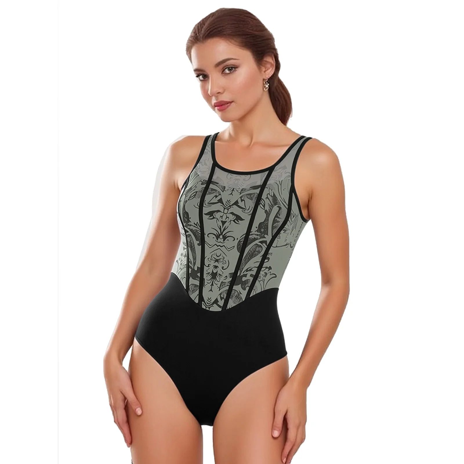 

Womens Floral Mesh Layer Gymnastics Ballet Dance Leotard Sleeveless Backless One-piece Jumpsuit Bodysuit for Yoga Dance Training