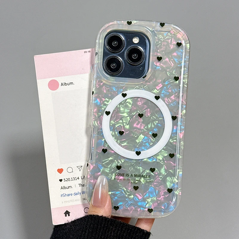

Fashion Love Heart Laser Shell Pattern Magnetic Phone Case For iPhone 16 15 14 13 Pro Max Oval Bumper Shockproof Back Cover