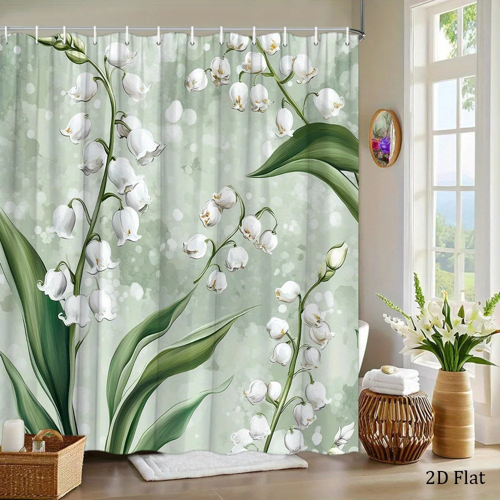 2D Flat, 1pc 2D Flat Lily Shower Curtain with Drooping White Petals, Green Leaves, Soft Watercolor Green Background, Elegant And