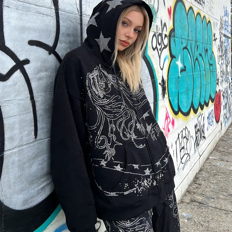 

Кардиган на молнии осенне-зимний в стиле High Street, хип-хоп, гранж, свободный крой, E-Girl, Y2K, темный готический стиль, с мультяшными стразами, с длинными рукавами, худи