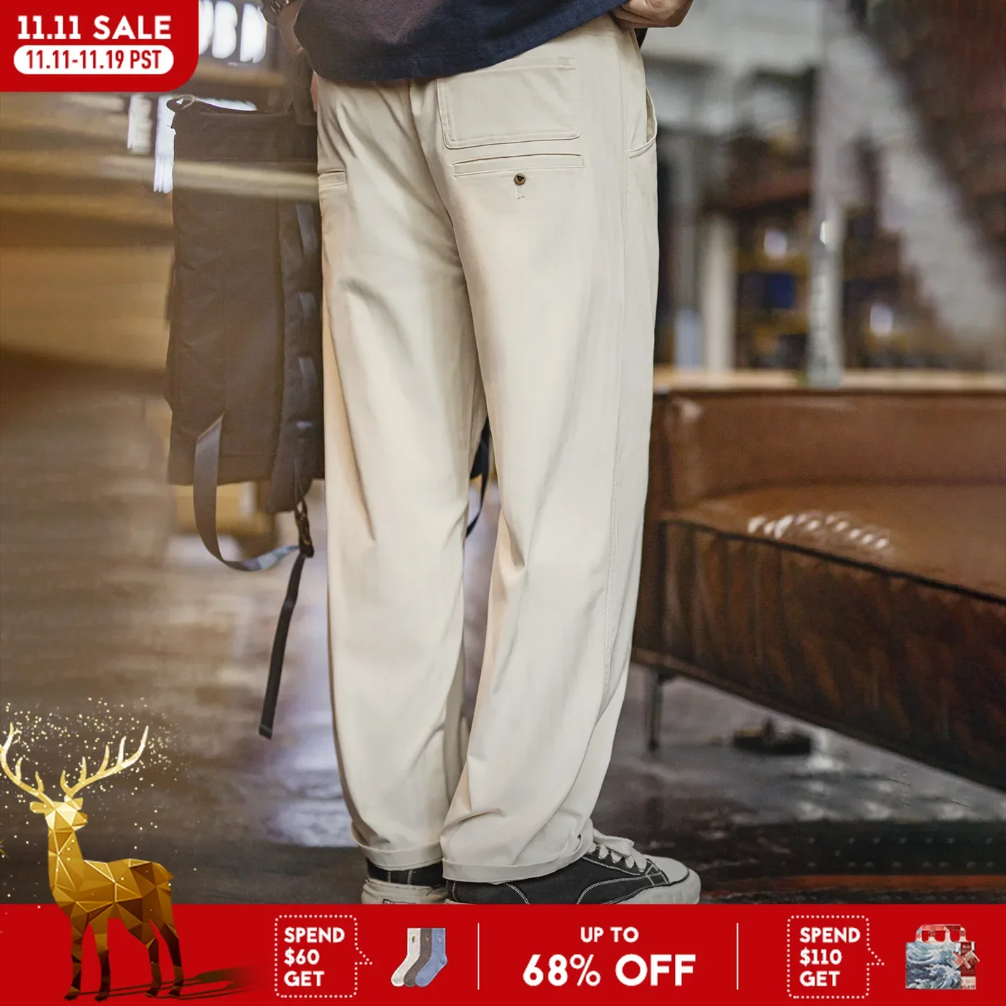 

Мужские белые повседневные брюки Maden с рисунком «елочка», прямые брюки для поездок на работу, свободные брюки с двойными задними карманами на весну и осень