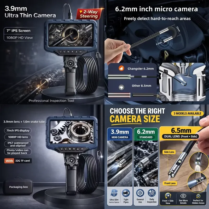 2026 hot sale New 7 Inch Big Screen Steering Endoscope Single Dual Lens 3.9 6.2mm 2 Way 210 Degree for Engine Sewer