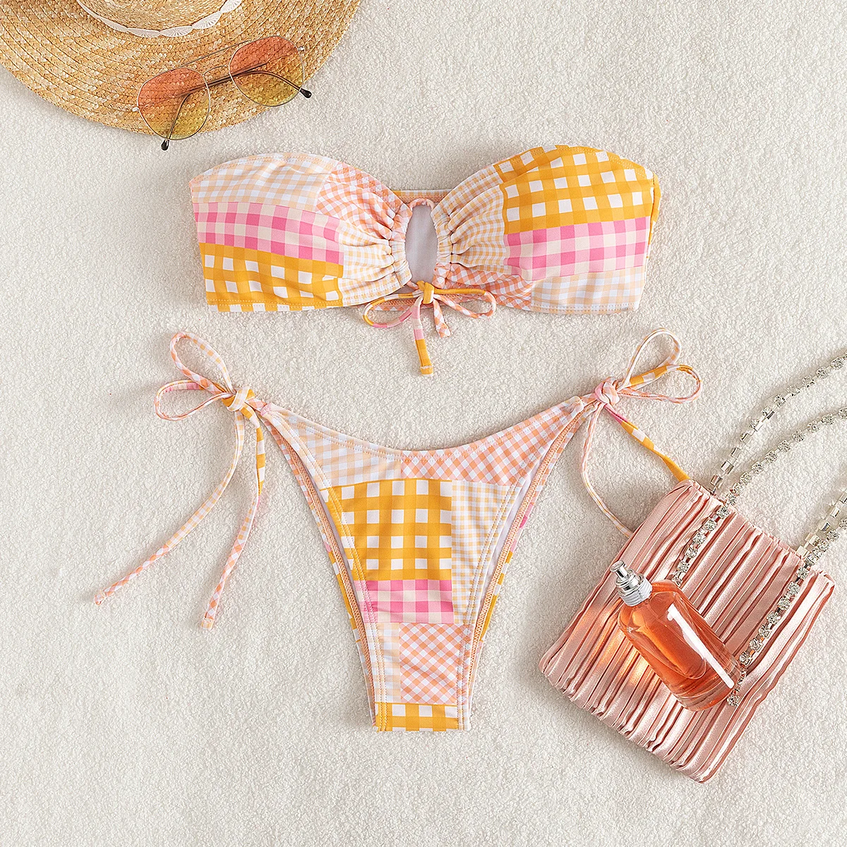 sexy pink yellow plaid bandeau front tie bikinis sets two pieces thong swimsuits bathing suit swimwear biquini tankini trikini