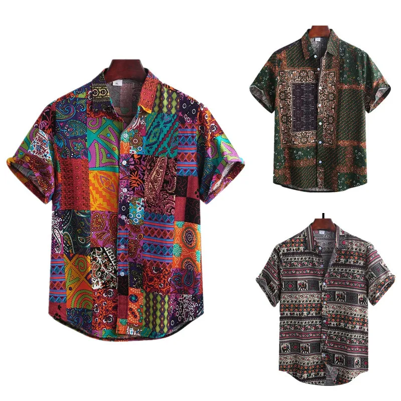 

Summer New Fashion Mens Shirt Casual Square Print Short Sleeved Shirt for Men