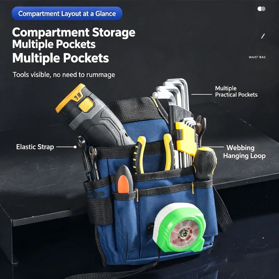 Multi functional electrician specific tool waist bag, thickened, sturdy and durable Oxford cloth layered storage tool waist bag