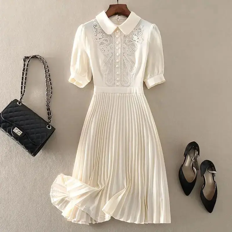 Embroider Hook Flower Hollow Office Lady A-Line Polo Neck Women's Dress Short Sleeve Elegant Mid-Calf Pleated Dresses For Women