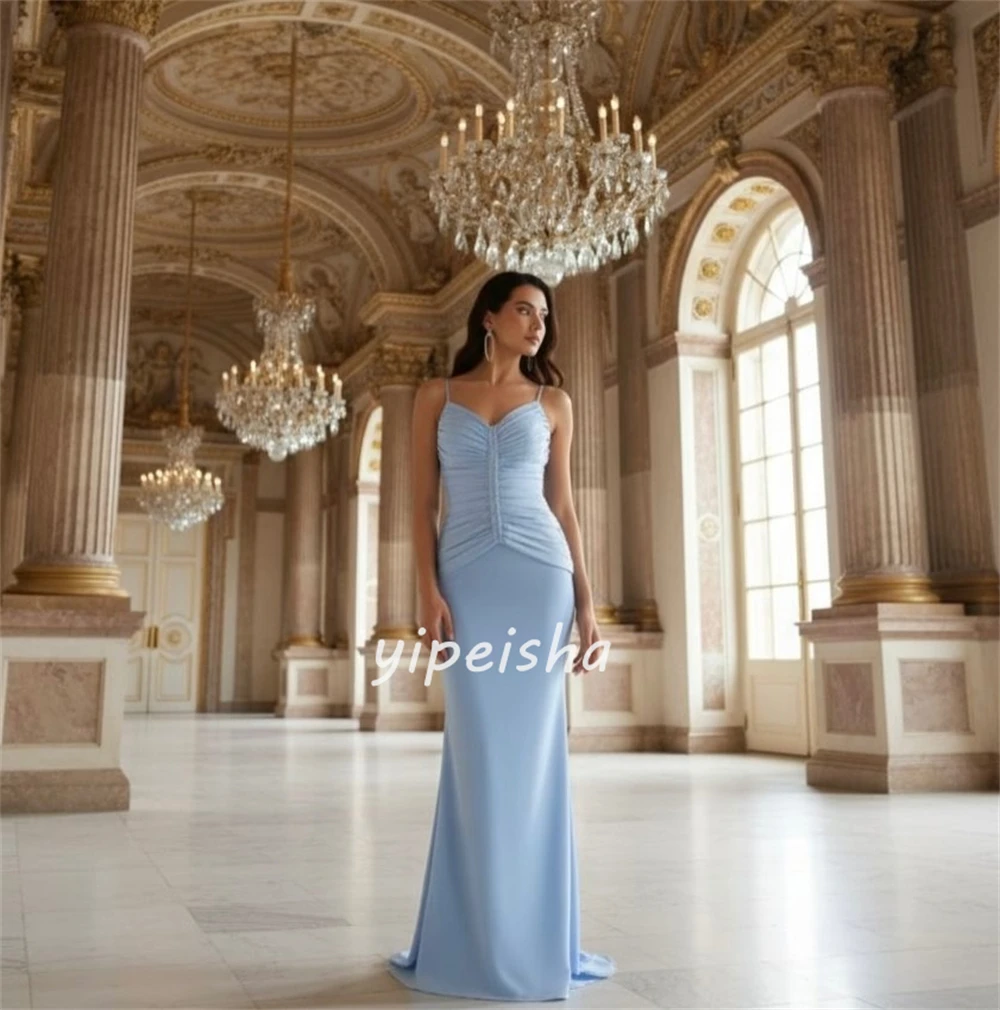 Customized High Quality Women Jersey Beading Ruched Mermaid Evening Dresses Matching Spaghetti strap Floor Lenght Prom Dresses