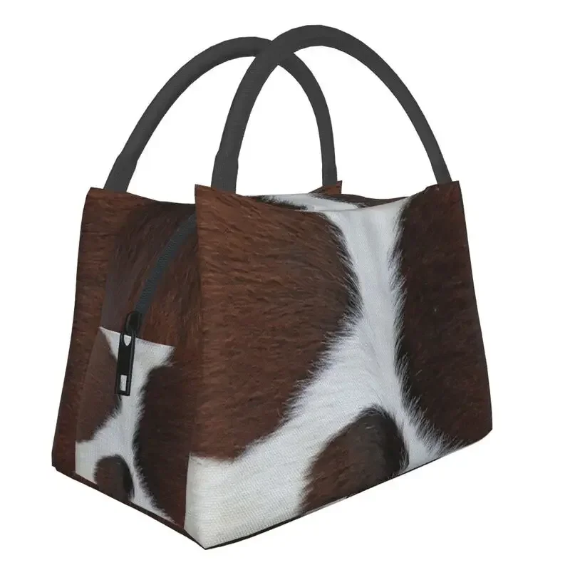 Rusric Faux Fur Cowhide Style Pattern Portable Lunch Boxes for Women Waterproof Animal Fur Texture Print Lunch Bag