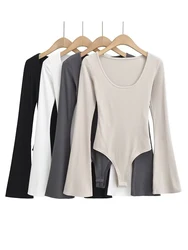 Women Flare Sleeve Knitted Bodysuits Spring Autumn Elegant 4 Colors Black White Jumpsuits Stretchable Slim Tops