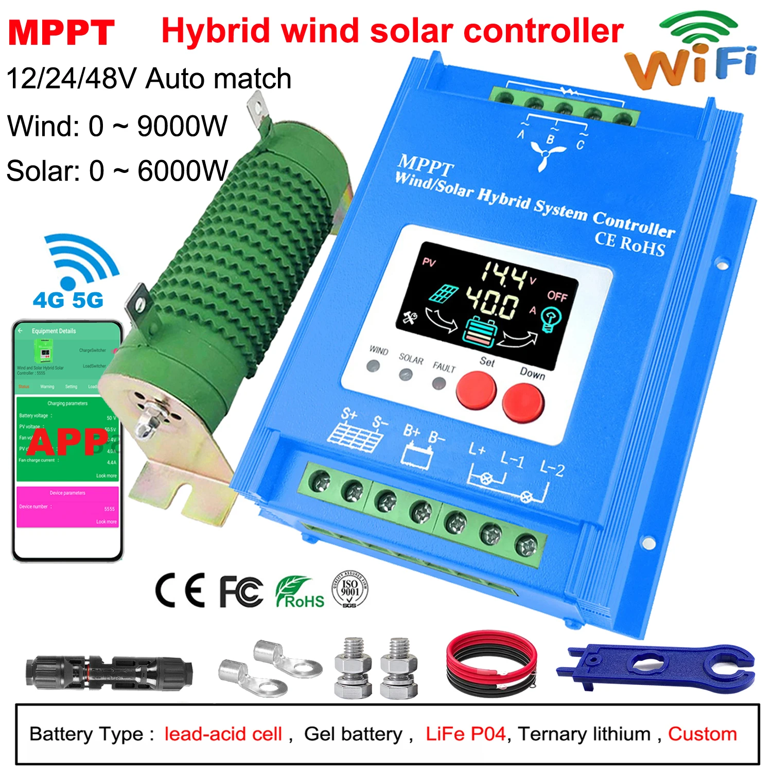 MPPT Wind Solar Hybrid Charge Controller Wind 1500W & Solar 1200W 12/24V/48V Automatic Hybrid Controller With Dump Load Resistor