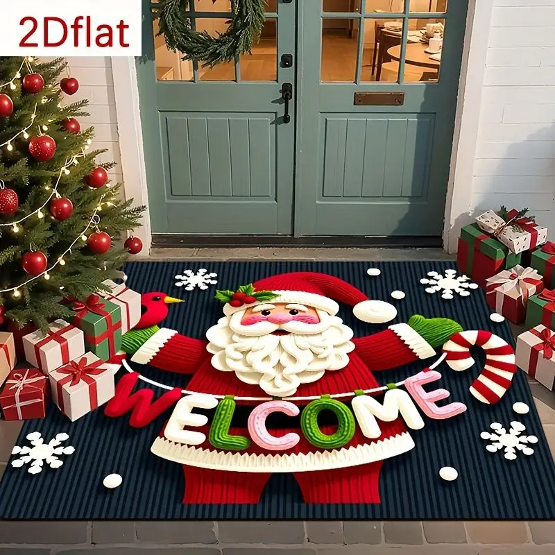 VIKAMA Santa Claus Welcome Doormat Candy Cane Cardinal Navy Striped Merry Christmas Mat Entryway Rug Front Porch Decor