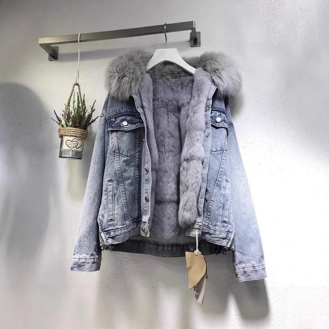 

Winter New Women's Cordury Jacket Large Fur Collar Denim Coat Thickened Warm Plush Lined Retro Cotton Clothing Casual Outerwear