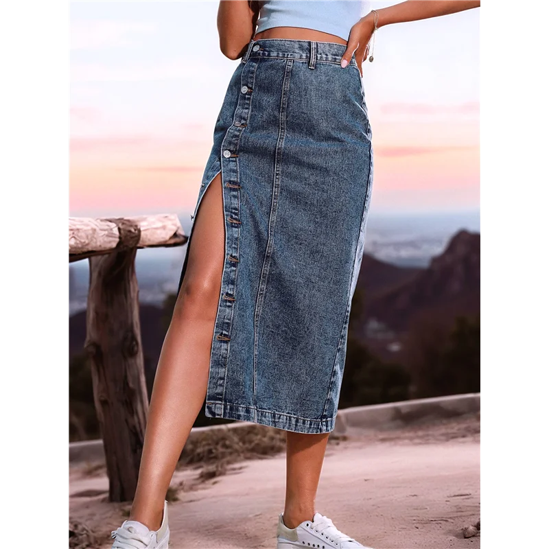 ABP-Falda vaquera midi de mezclilla con abertura informal para mujer, cintura alta elástica, deshilachada, con botones