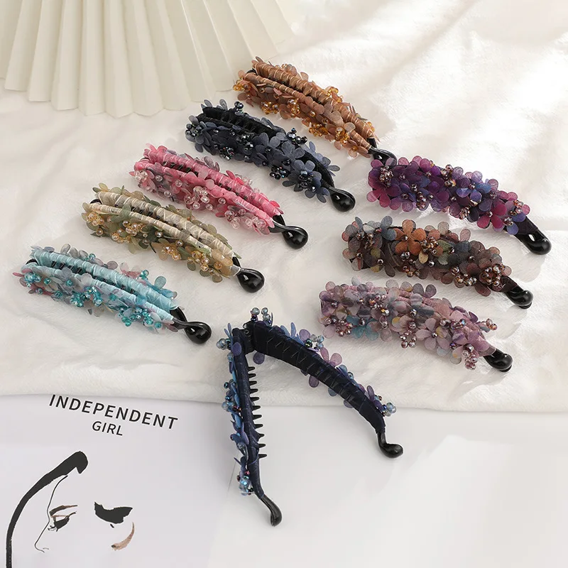 Vintage Crystal Beads Gauze Flower Banana Clip Headdress for Women Korean Colorful Non-slip Hairpin Ponytail Hair Accessories