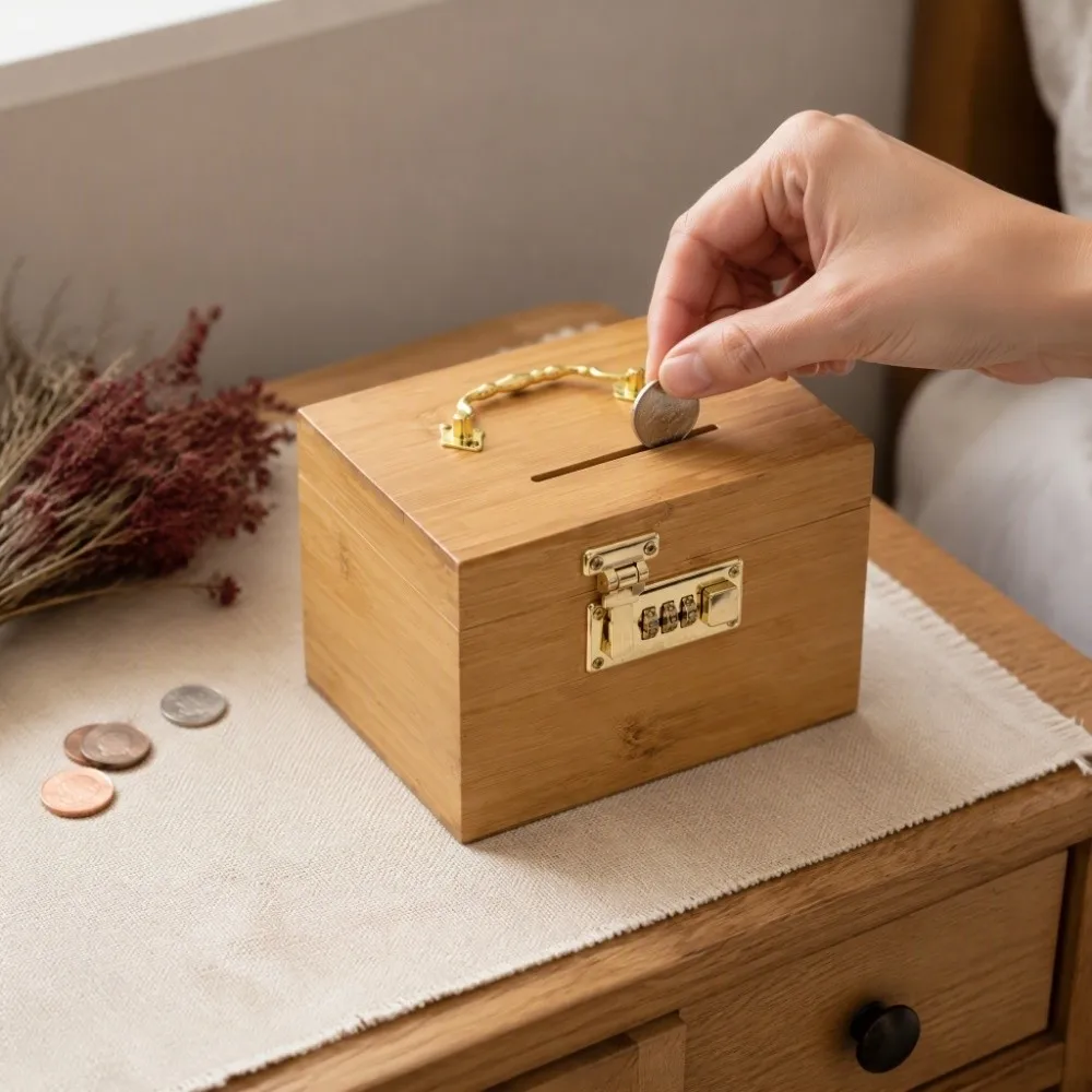 Retro Wooden Money Bank Large Capacity With Password Lock Piggy Bank Three-digit Password With Handle Treasure Storage Box