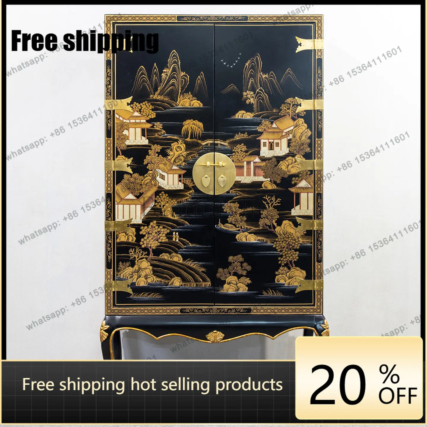 XX Chinese black landscape wardrobe, hand-painted, retro solid wood tall locker