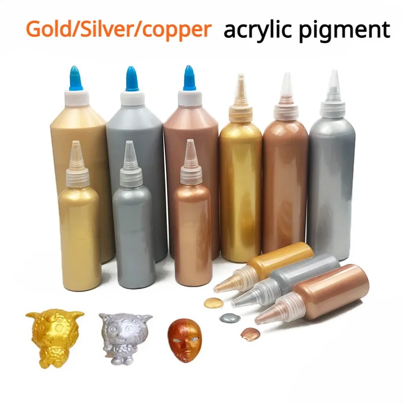 60ml/500ml Metallic Acrylic Pigment Light and Water Resistant Gold/Silver/Copper Dye Hand-DIY Plaster Doll Buddha Graffiti Paint