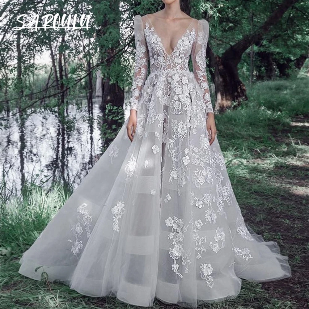 

White Wedding Dress For Women Long Sleeves Illusion V Neck Floral Lace Appliques Bride Dresses Backless Bridal Gown