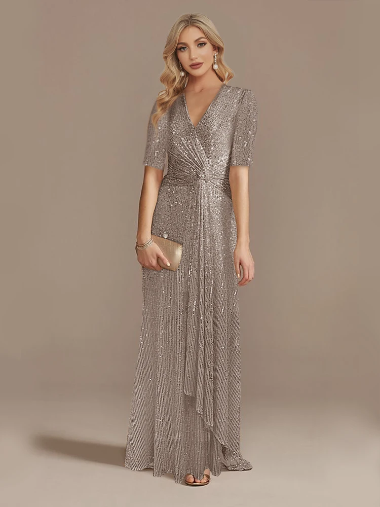 Lucyinlove Luxury Floor Length V-Neck Evening Dress 2024 Women Elegant Party Maxi Dress Sequin Short Sleeves Prom Cocktail Dress