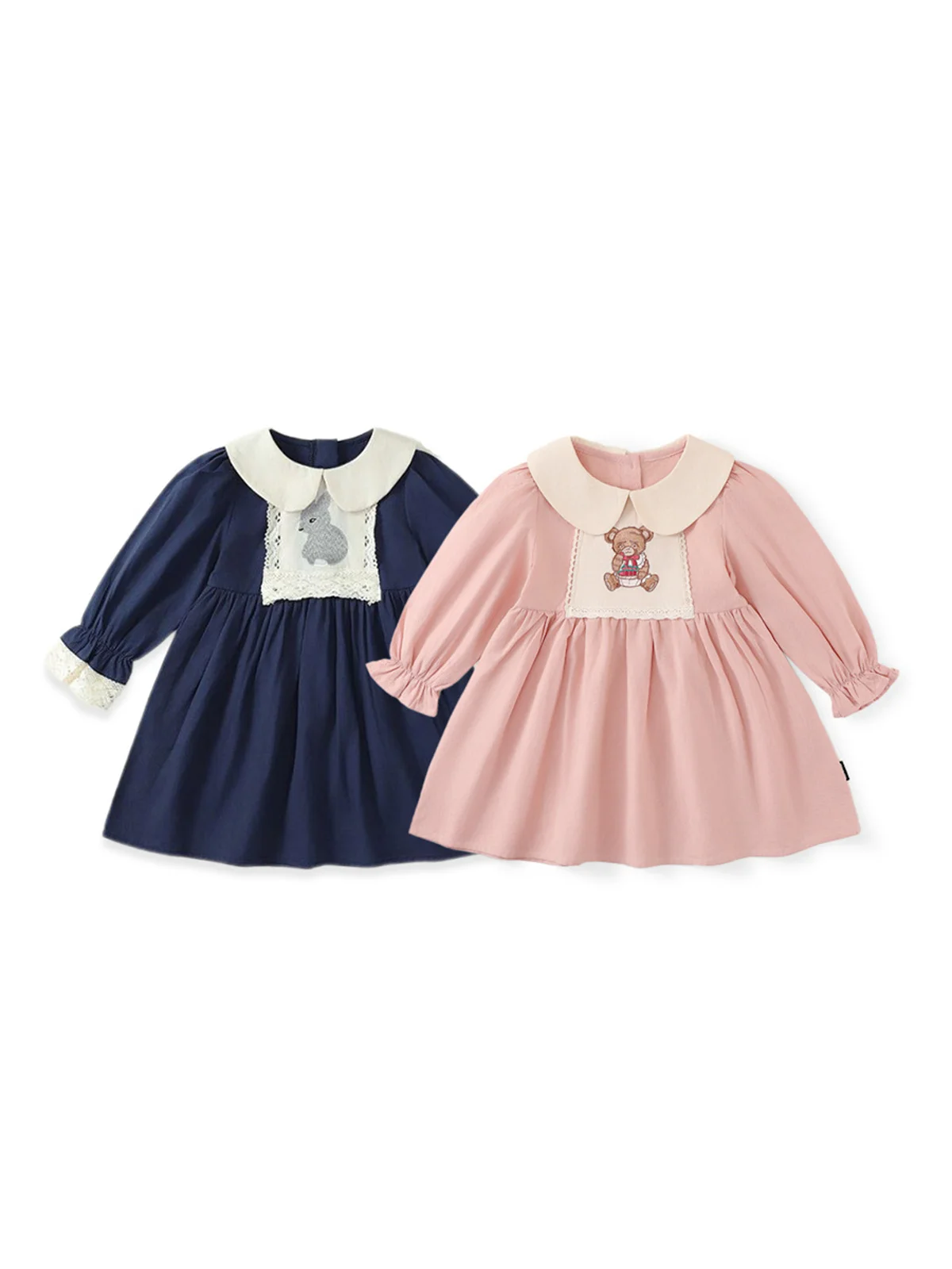 Baby girls Dress French doll collar Rabbit Embroidery 2024 Fall long-sleeved navy blue preppy dress Princess dresses