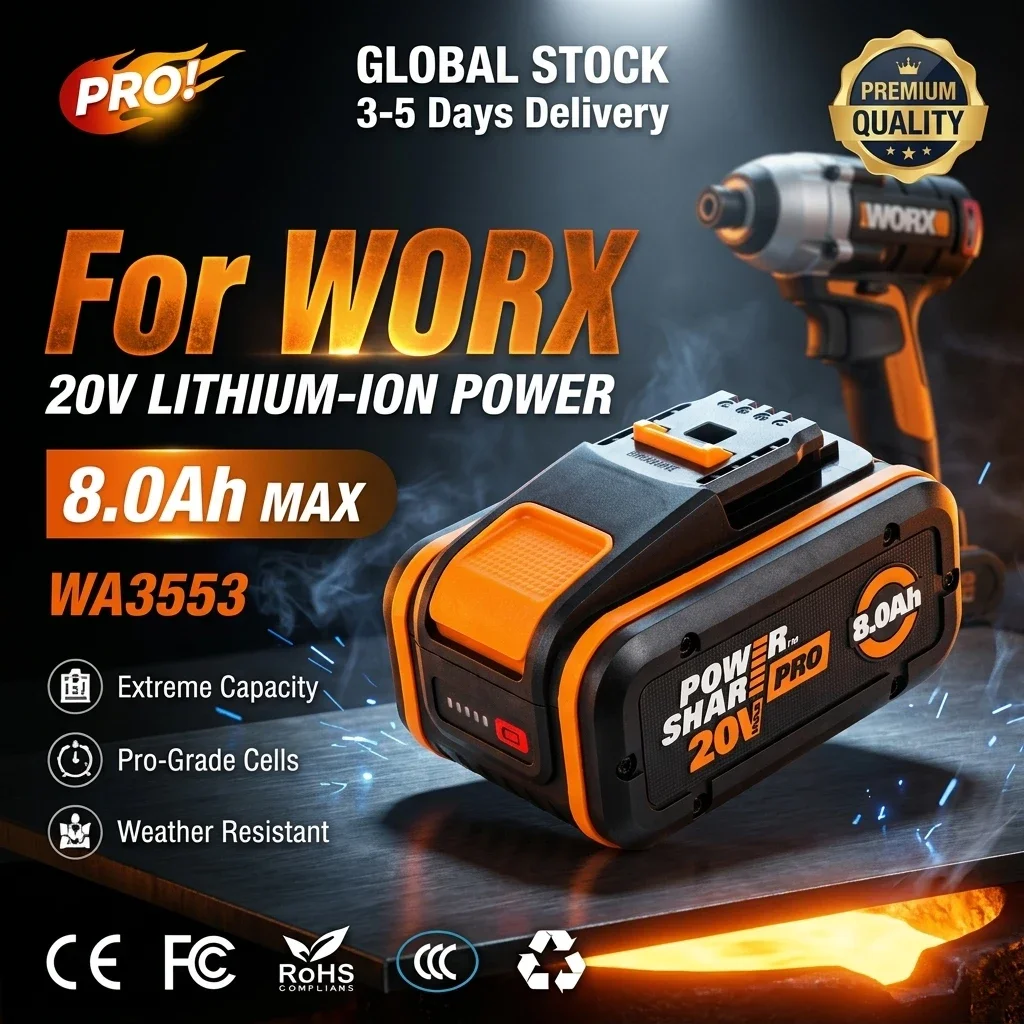 Batteria al litio ad alta capacità da 20 V e 8,0 Ah, modello originale Worx, WA3553, WA3551, WA3553.1, WA3570, adatta come ricambio per batterie di utensili elettrici Worx 20 V senza polvere.