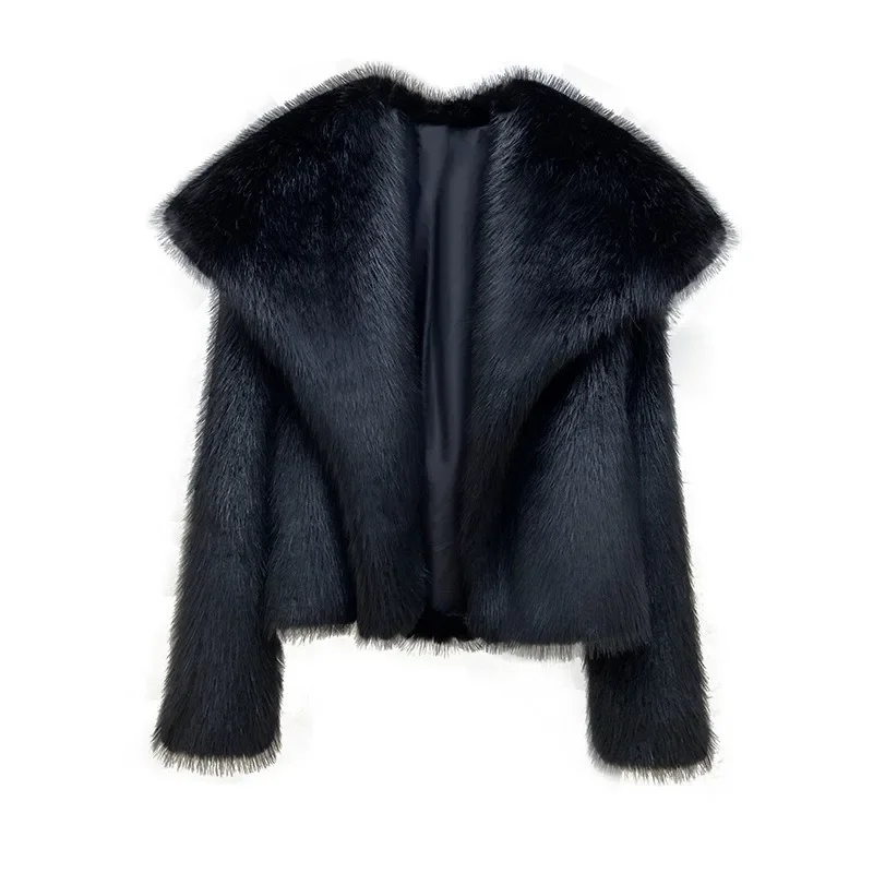 Stylish large lapel-neck imitation fur coat, feminine elegant celebrity long-sleeved thermal coat, fluffy top