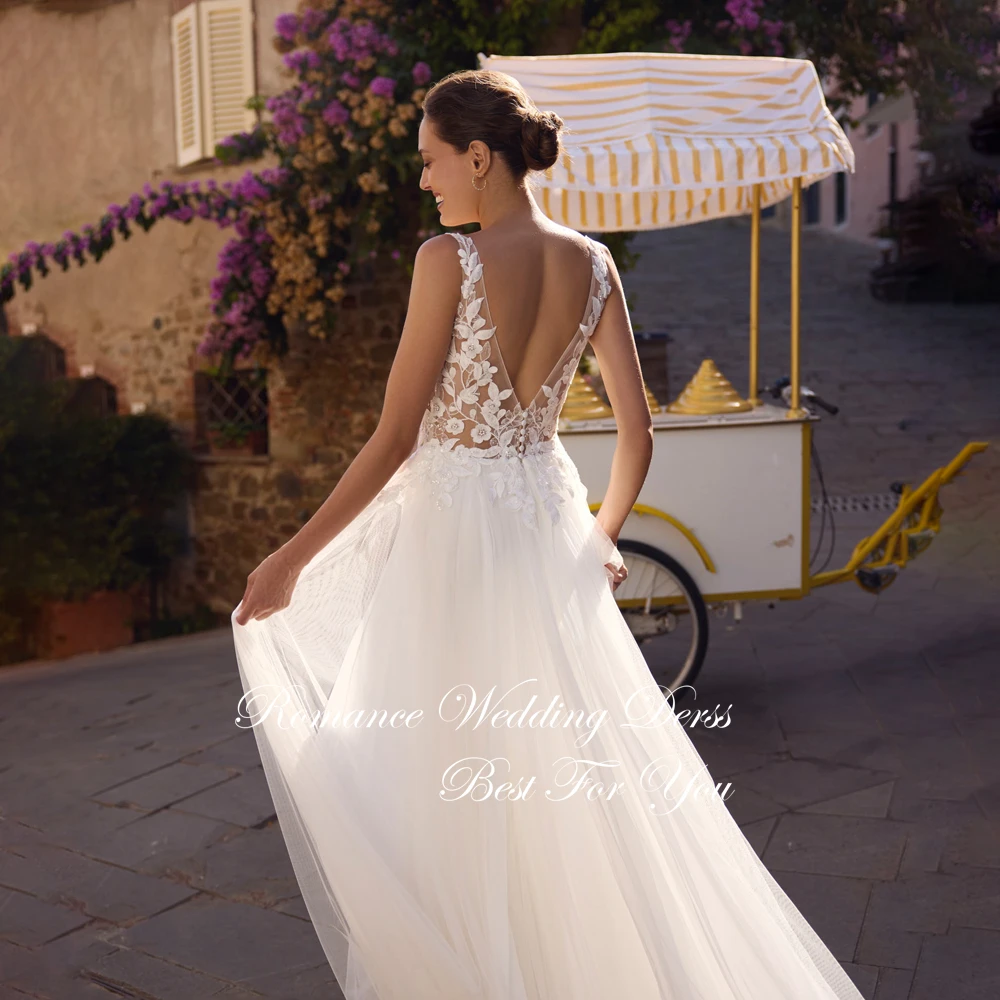 Elegant Pleat Lace V-Neck A-Line Wedding Dress Spaghetti Strpas Open Back Sleeveless Bridal Gown Vestidos De Novia Customized