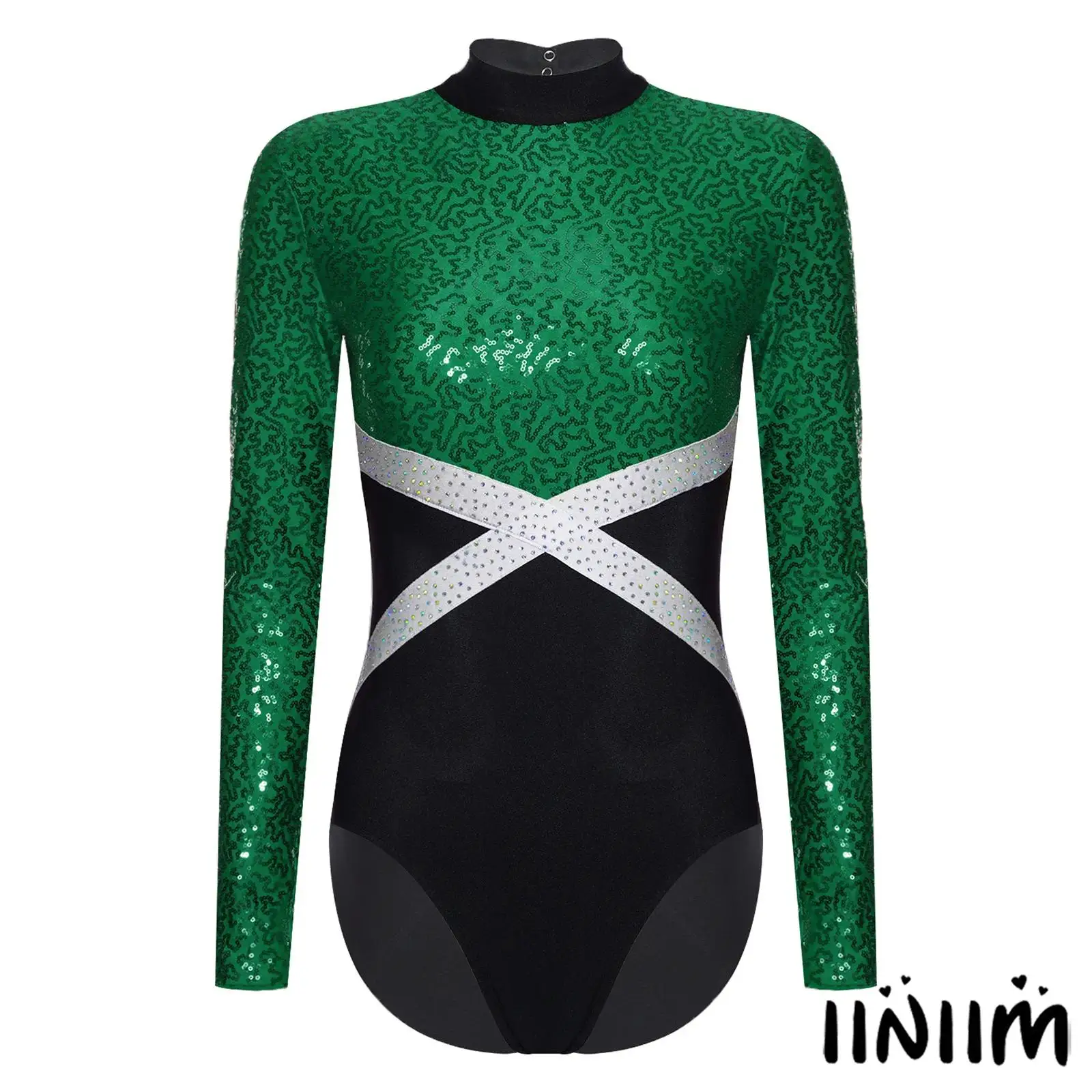

Womens Glittery Sequin Gymnastic Ballet Leotard Contrast Color Long Sleeve Figure Skating One-piece Bodysuit Ballet Dancewear