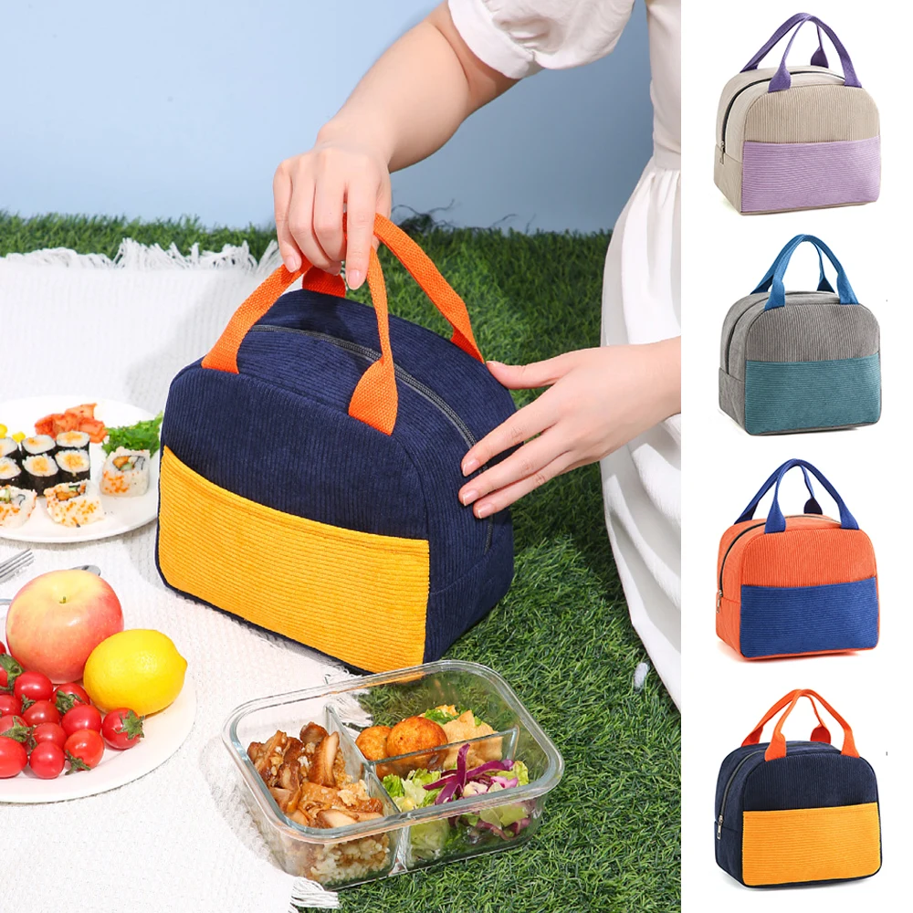 

Food Storage Bag Corduroy Thermal Insulated Bag Picnic Camping Handbag Cool Organizer Zipper Aluminum Film Waterproof Lunch Bag