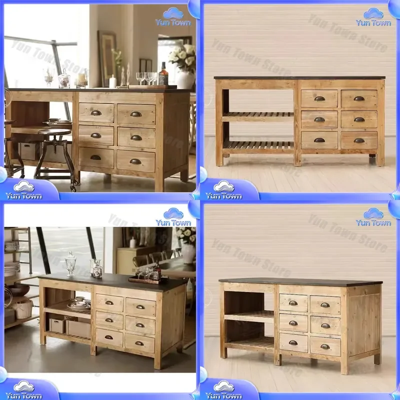 American Multifunctional Retro Solid Wood Dining Side Cabinet Cupboard for Kitchen Mid-Island Platform Operation Table