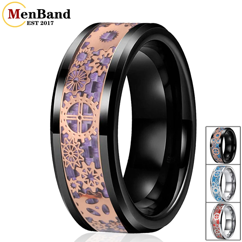 MenBand 8MM Men Women Wedding Band Tungsten Carbide Ring With Mechanical Gear Wheel And Carbon Fiber Inlay Comfort Fit