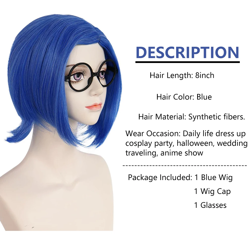 UU 슬픈 블루 밥 가발 검은색 안경테 소녀 블루 가발 애니메이션 여성 내열성 합성 코스프레 할로윈 의상