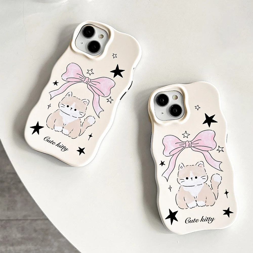 

New Korean INS Dual Layer 2 in 1 Bow Cat Stars Print Wave Shape Phone Case For iPhone 17 16 15 14 13 12 Pro Max Protective Cover