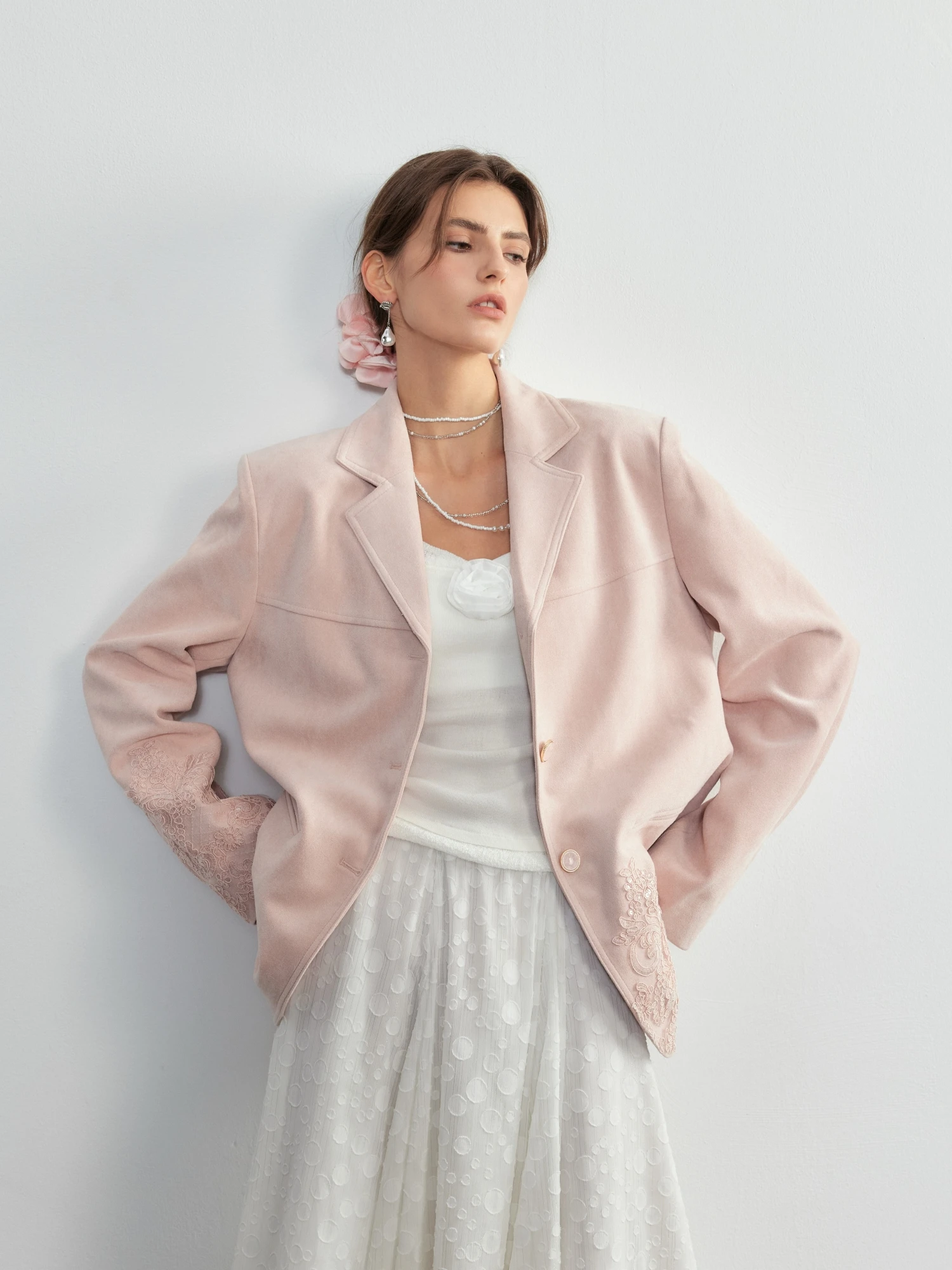 

Ballet Pink Shiny Sequin Embroidery Casual Leisure Suit Lean Project Mongolian Style Women's Suiting Polyester Fiber Long Sleeve