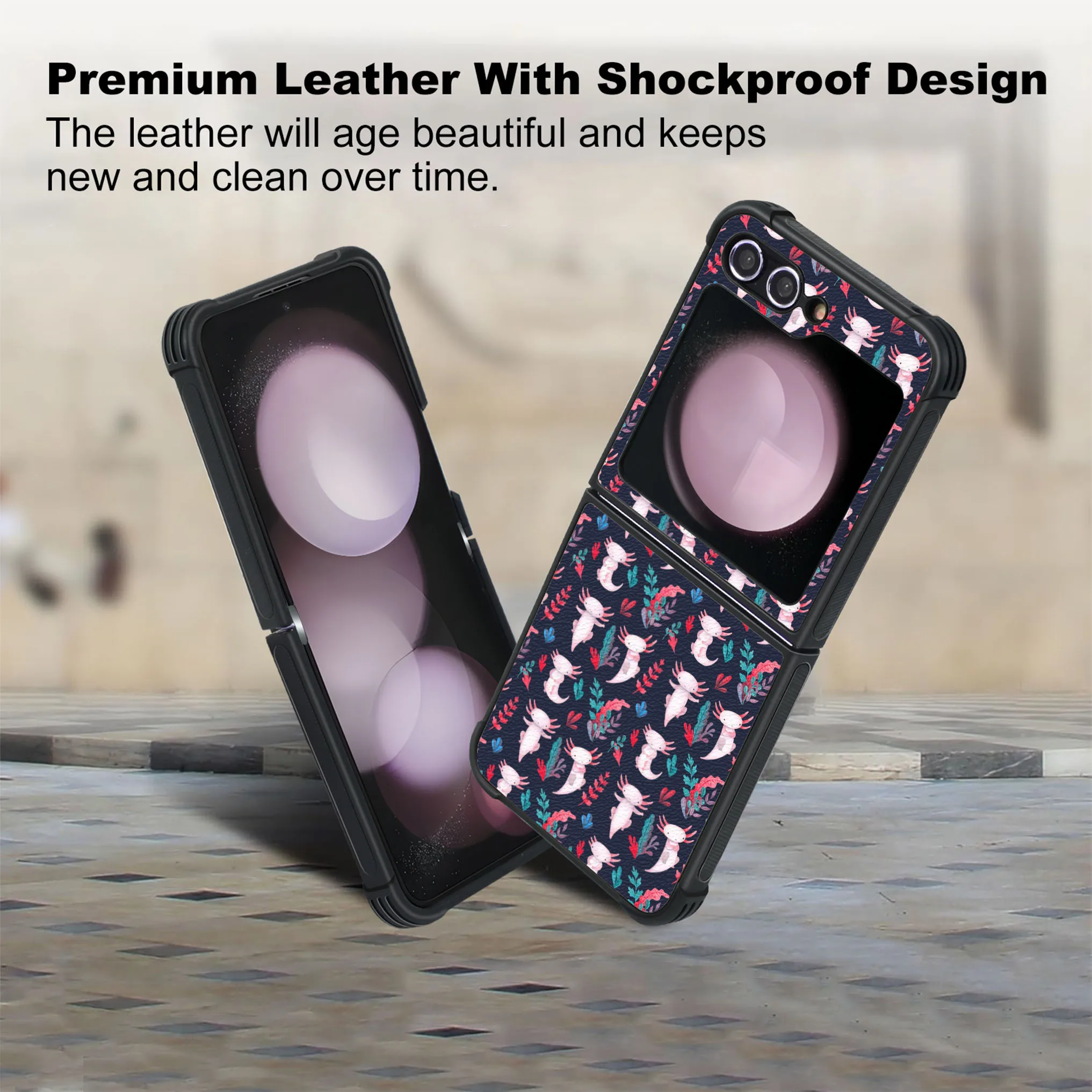 Patterned PU Leather + Soft TPU Bumper Shockproof Protective Case Cover Compatible With Galaxy Z Flip5 5G , Axolotl