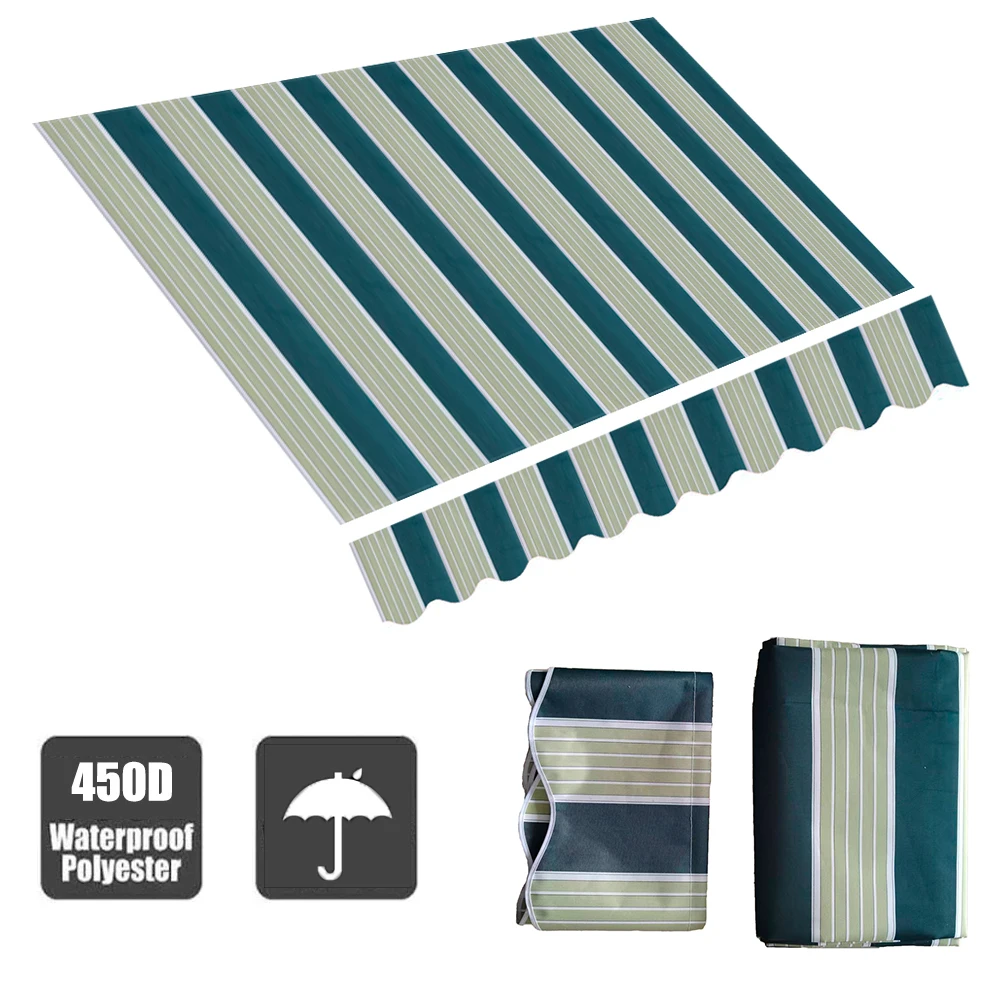 Tewango Patio Awning Fabric Replacement 100% Polyester Canopy Cover, Sun Shade, Deck, Balcony | UV Protection | Dark Green Strip