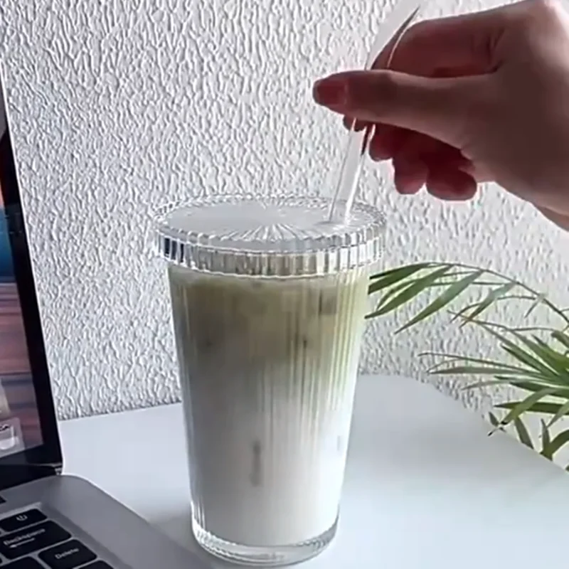 

380ml Simple Stripe Glass Cup With Lid And Straw Transparent Tea Cup Juice Glass Beer Can Milk Mocha Cups Breakfast Coffee Mug