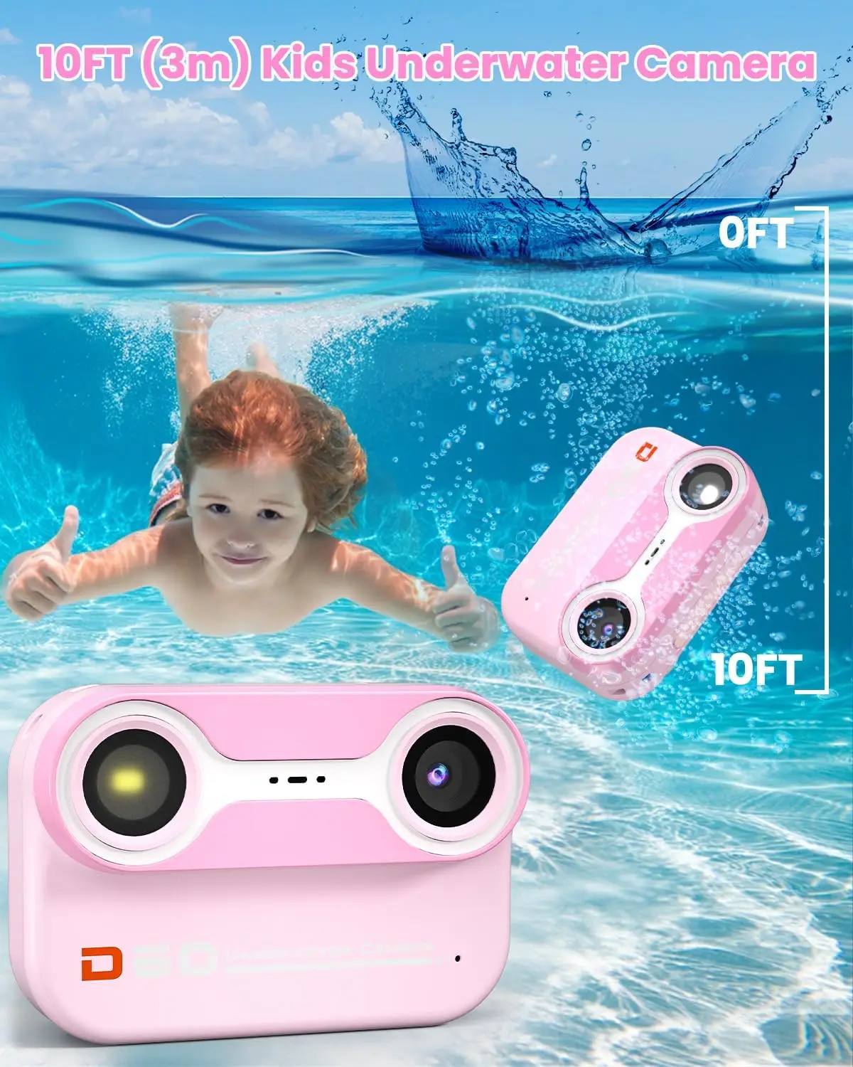 Fotocamera subacquea da 10 piedi per bambini, videocamera 1080P per lo snorkeling, regali di compleanno di Natale, fotocamera digitale per piscina con 32G