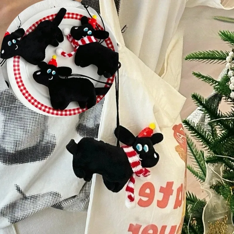 Mochila encantos cão preto chaveiro bonito estilo coreano pelúcia boneca com cachecol dos desenhos animados natal filhote de cachorro pingente presentes llaveros