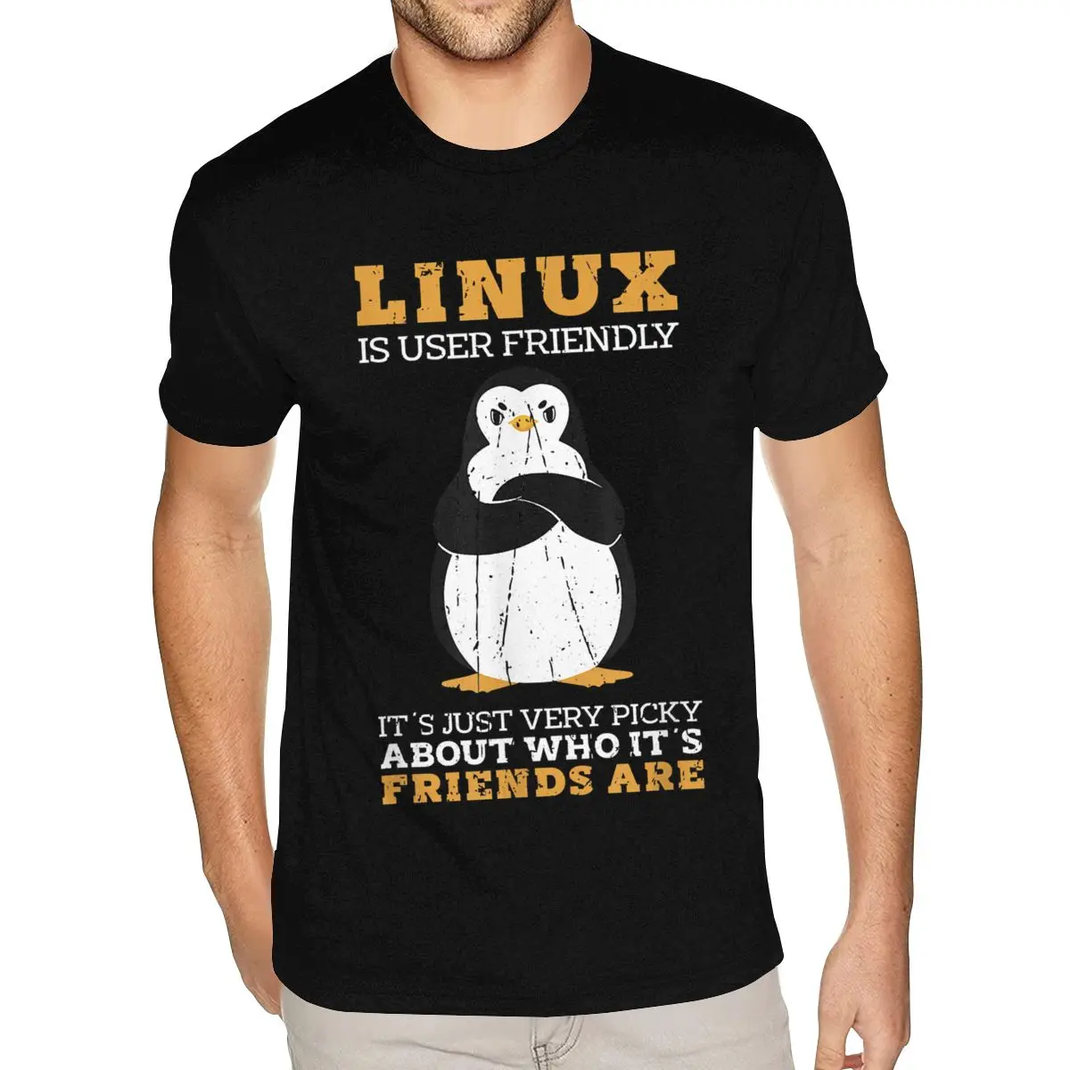 

Cool Linux Is User Friendly It's Just Very Picky About Who Its Tshirt Men sTop Quality Short Sleeves Premium Cotton Black Tees