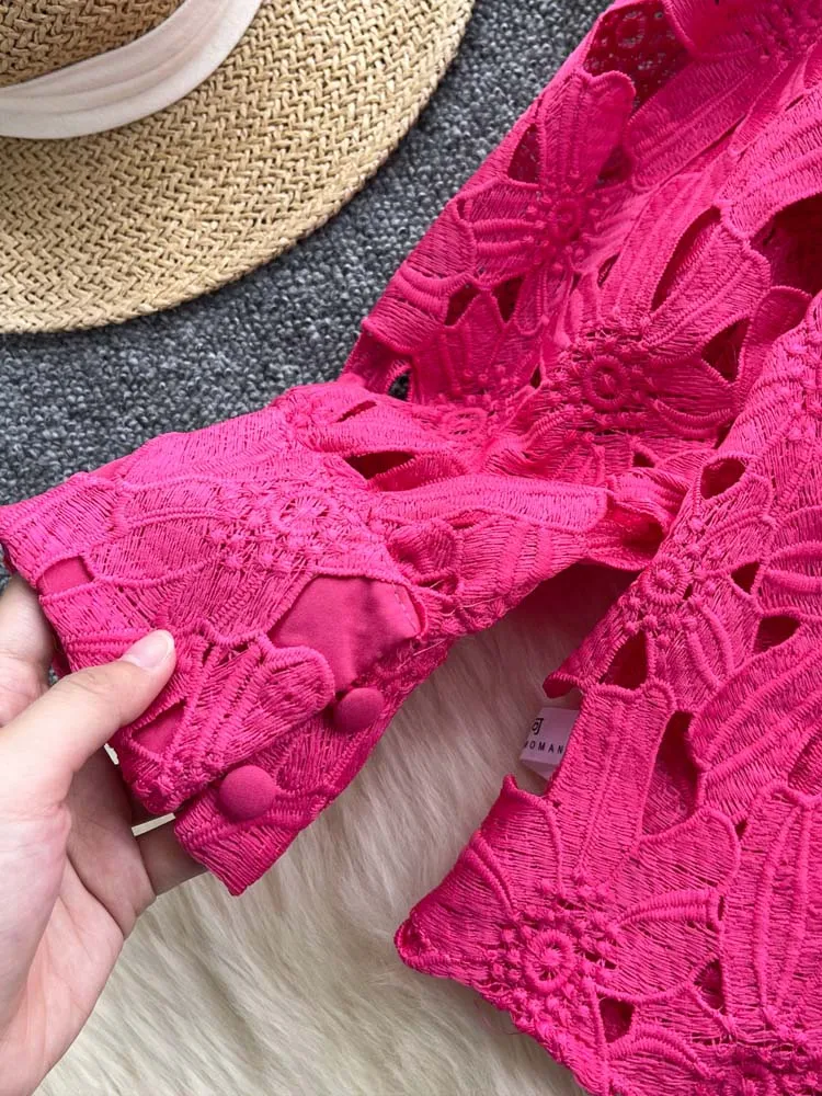 Vintage Lace hollow out blouse for women 2024 Summer Beach Luxury Lantern sleeve shirt Lady Solid color Top Pink INKEO 4T190