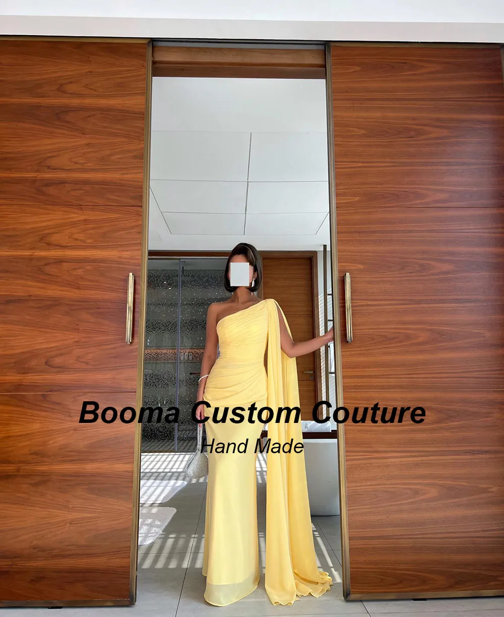 Booma Yellow Chiffon Mermaid Evening Dresses One Shoulder Cape Special Party Prom Gowns Saudi Arabia Formal Occasion Dresses