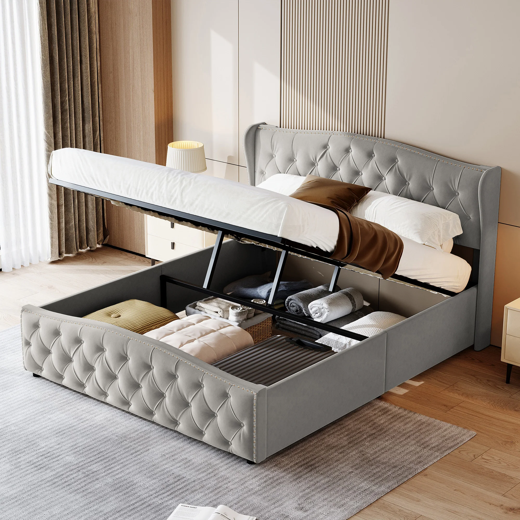 Grey Linen Double Bed 140x200cm, Upholstered Bed, Storage Beds with Slatted Frame, Hydraulic Backrest Bed Frame for Adult