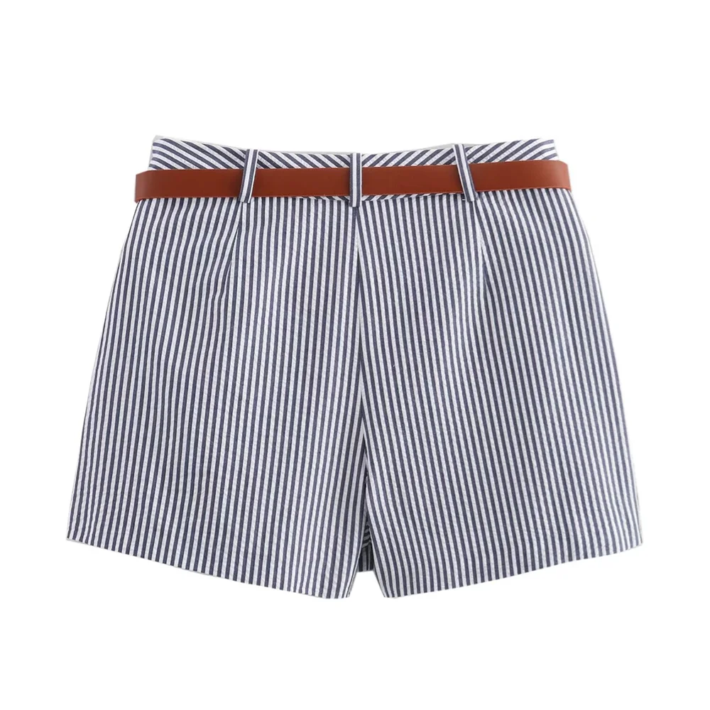 PB&ZA2024 Summer New Women's Fashion, Elegance, Slim Fit, Casual 100 Paired Belt, Short Striped Skirt Pants