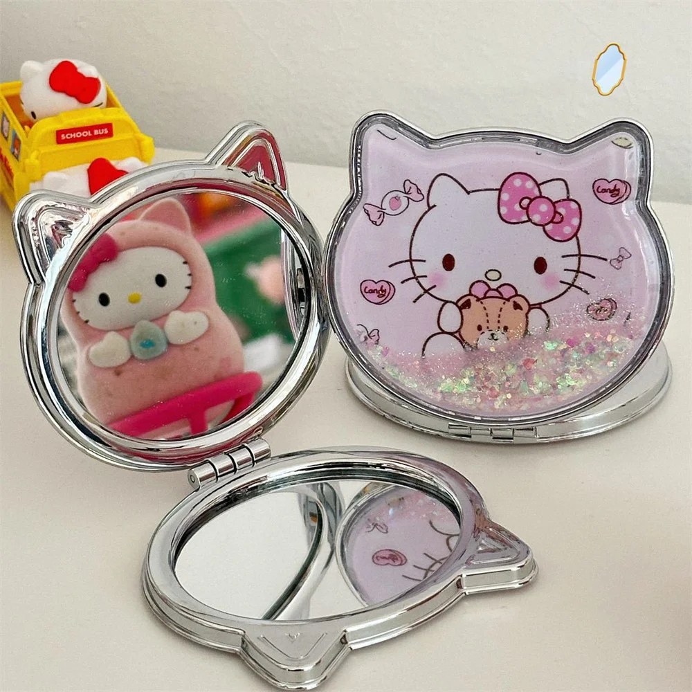 Kawaii الكرتون سانريو مرحبا كيتي مرآة الرمل المتدفقة لطيف المحمولة طوي على الوجهين فتاة يوميا يده مرآة لوضع مساحيق التجميل هدية