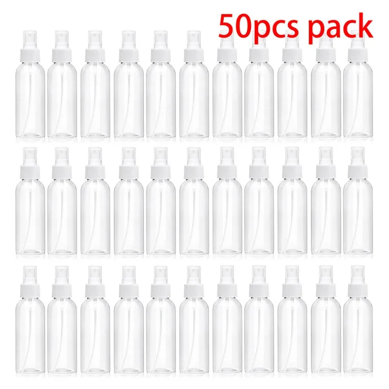 Garrafa de spray de névoa fina Garrafas de viagem claras, Prova de vazamento para maquiagem, Recipientes cosméticos, Atacado, 50pcs, 100ml